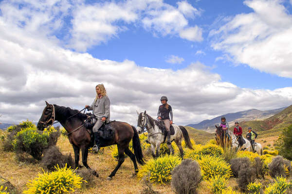Riders riding in blooming vegetation in Spain