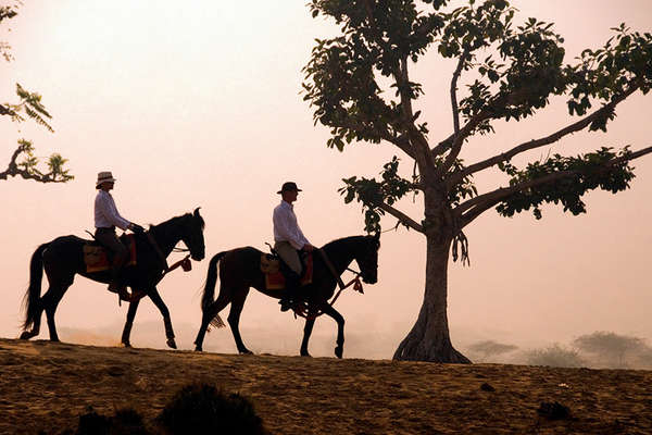 Riders through the Shekhawati desert India 
