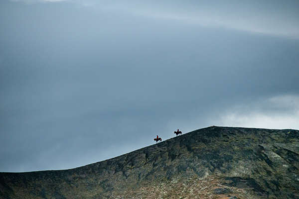 Silhouette of horses and their riders in Iceland