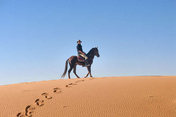 Solo rider riding to the top of a sand dune on horseback