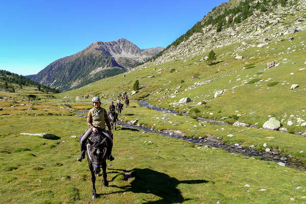 Trail riders riding in a valley during a pack trip expedition in the Pyrenees