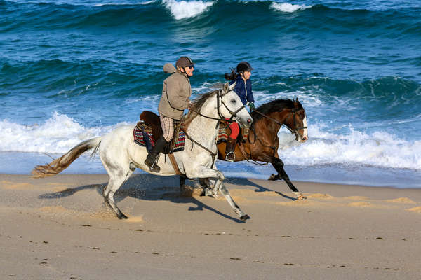 Two riders cantering along the beach in the Alentejo, Portugal