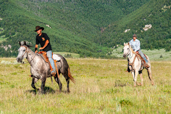 Two riders on horseback in the Pryor mountains, Montana