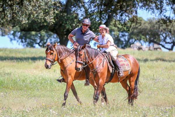 Two riders on Lusitano horses in Portugal