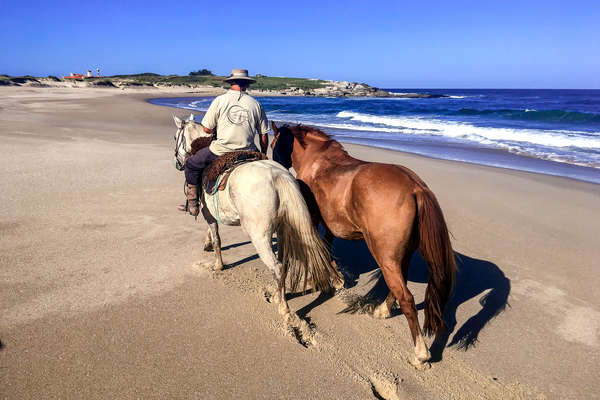 Uruguayan gachos horseback riding across a beach