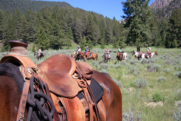 Western saddle in riders, USA
